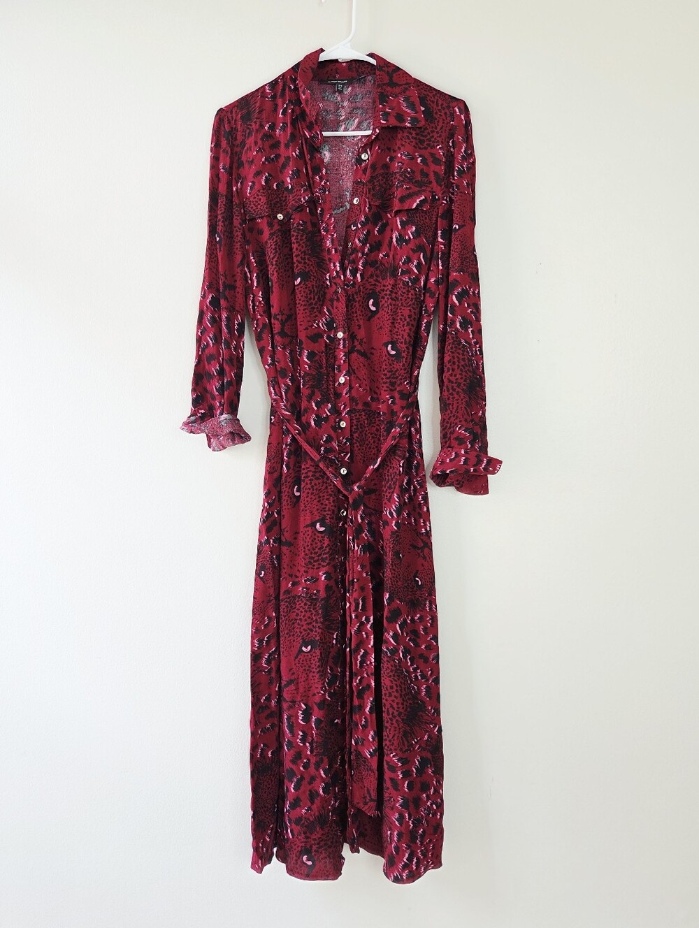 Karen Millen Leopard head woven midi shirt dress Red Burgundy Size 6 - Picture 4 of 8